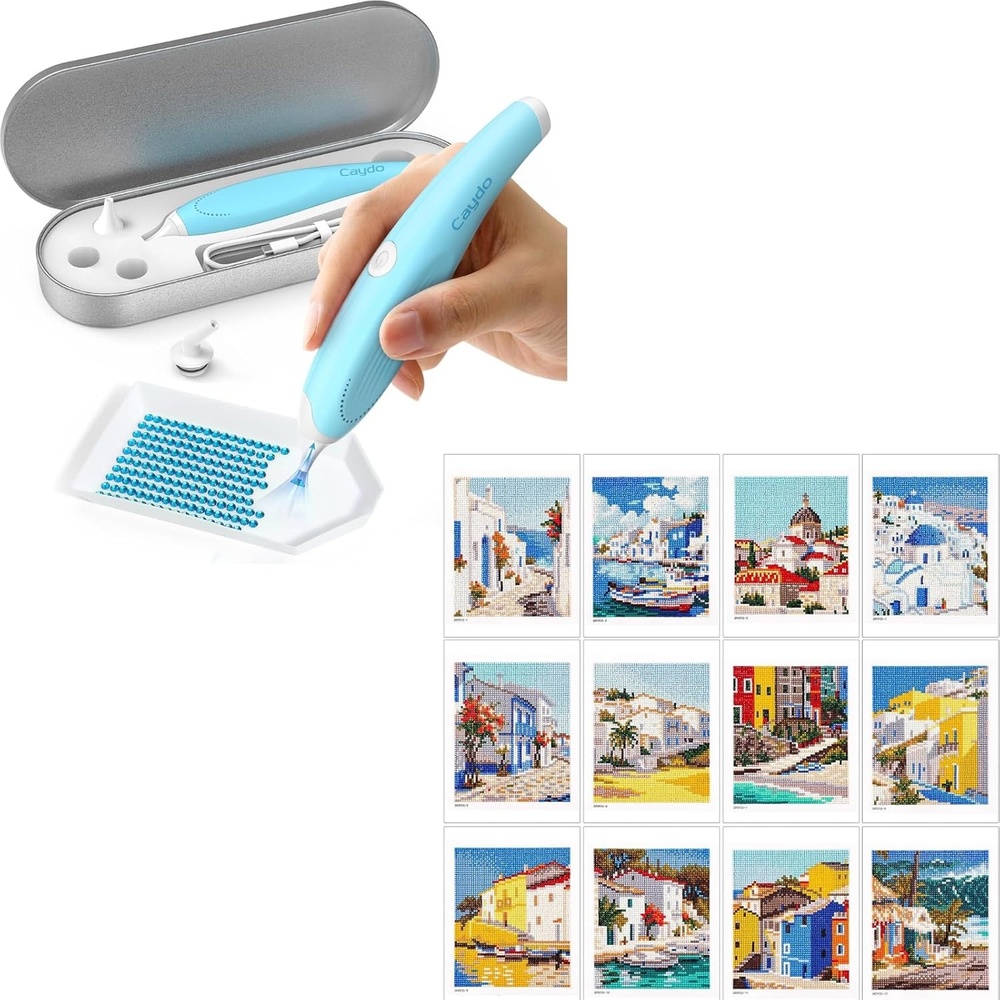 Caydo Cordless Electric Diamond Painting Pen and 12 Pack Sea Breeze Themed Diamond Painting Kits for Adults