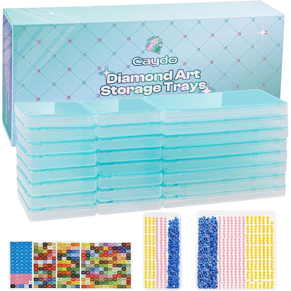 Caydo 16 PCS Diamond Painting Storage Containers Trays wit Lids, 3 Size | 4 in 1 Functional Diamond Painting Trays, Multi-Slot Design System, Static-Free Deep Groove Design, Organizer for Diamond Art