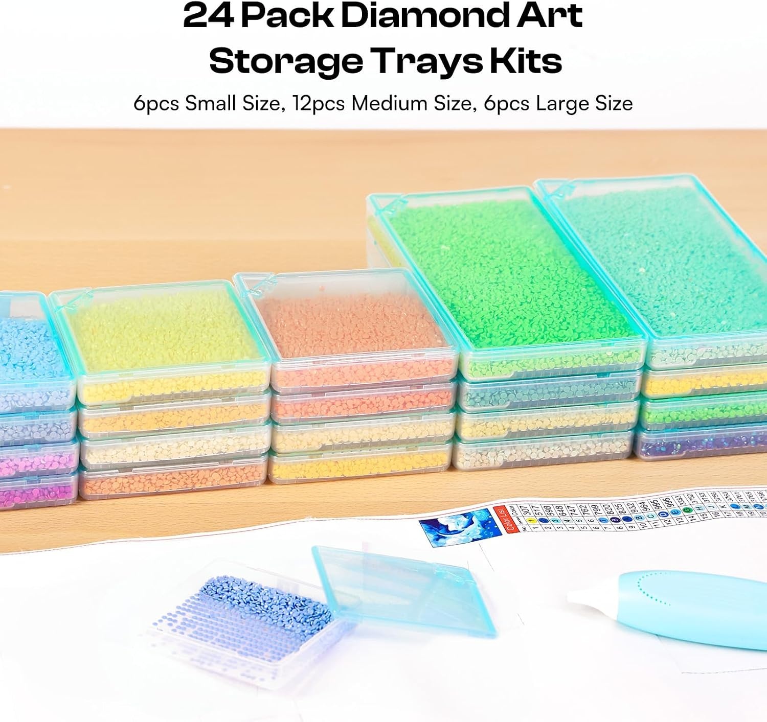 Caydo 24 PCS Diamond Painting Storage Containers Trays wit Lids, 3 Size | 4 in 1 Functional Diamond Painting Trays, Multi-Slot Design System, Static-Free Deep Groove Design, Organizer for Diamond Art