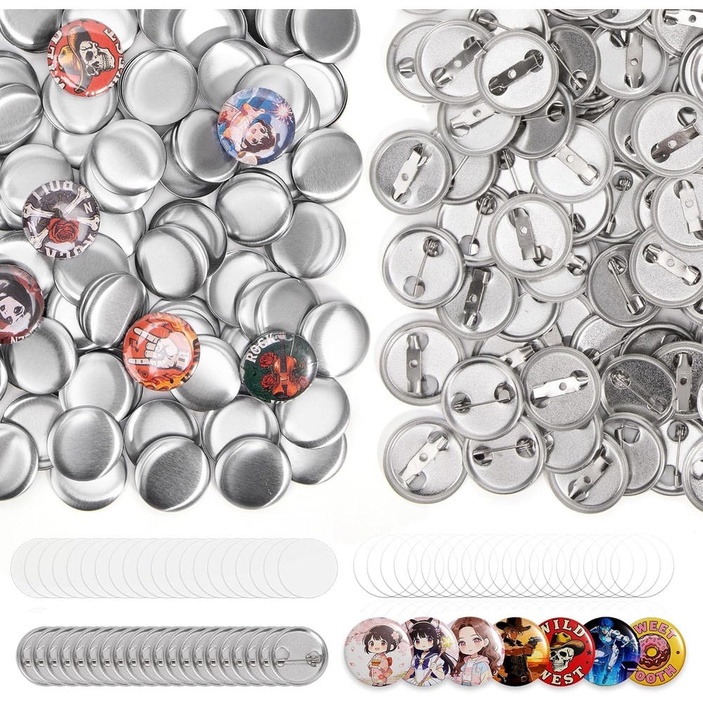 Caydo 200 PCS Button Maker Supplies, 1.25 Inch/32mm Badge Maker Supplies, Pin Maker Supplies-Metal Blanks, Metal Pin Back, Clear Film & Blank Paper for Button Machine for DIY Crafts(1 Inch/25mm)