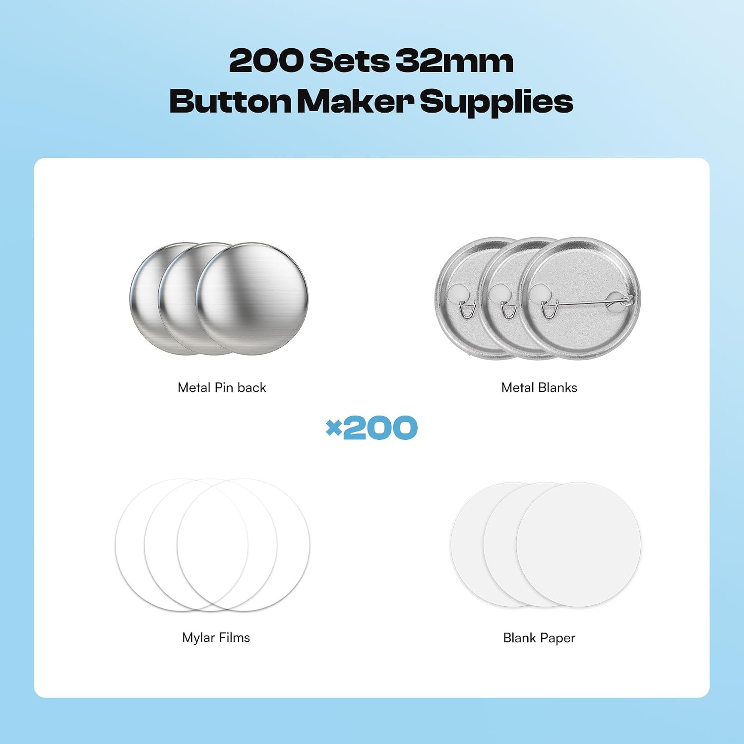 Caydo 200 PCS Button Maker Supplies, 1.25 Inch/32mm Badge Maker Supplies, Pin Maker Supplies-Metal Blanks, Metal Pin Back, Clear Film & Blank Paper for Button Machine for DIY Crafts(1.25 Inch/32mm)