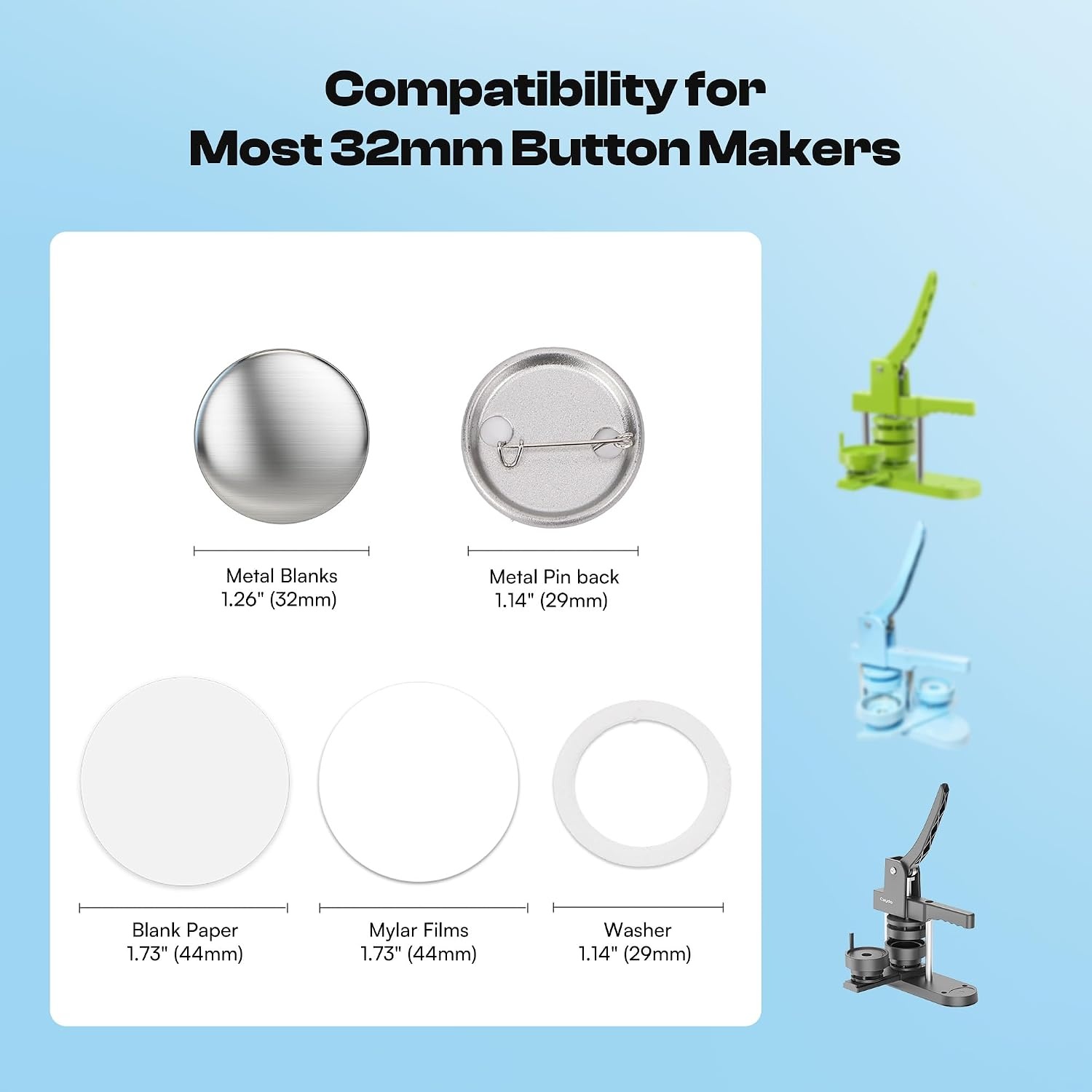 Caydo 200 PCS Button Maker Supplies, 1.25 Inch/32mm Badge Maker Supplies, Pin Maker Supplies-Metal Blanks, Metal Pin Back, Clear Film & Blank Paper for Button Machine for DIY Crafts(1.25 Inch/32mm)