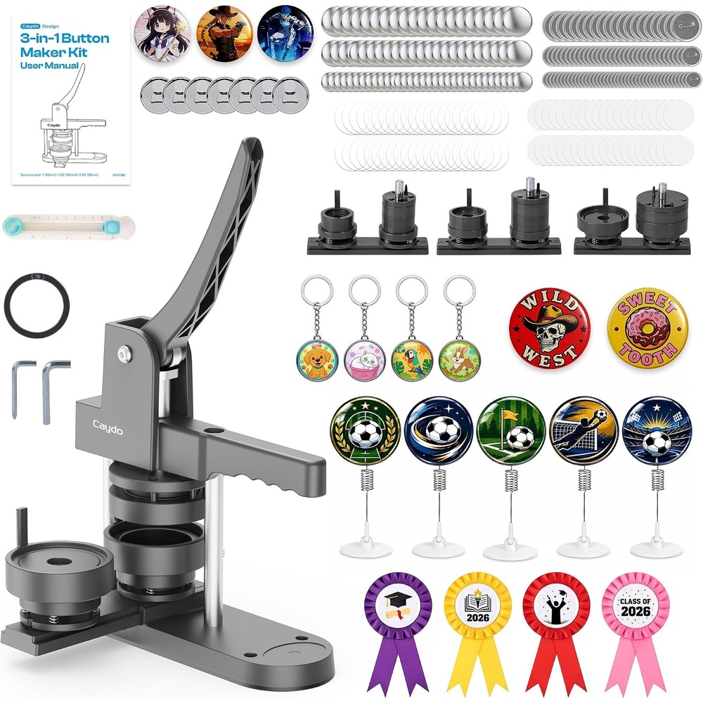 Caydo Button Maker Machine Multiple Sizes, 1+1.25+2.25 Inch Pin Maker Machine Kit, 3 in 1 Button Press Machine Making Kit with Maker Supplies for Fridge Magnet Keychain Bottle Opener DIY Crafts(1+1.25+2.25 Inch)