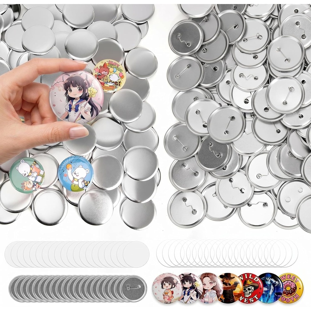 Caydo 200 PCS Button Maker Supplies, 1.25 Inch/32mm Badge Maker Supplies, Pin Maker Supplies-Metal Blanks, Metal Pin Back, Clear Film & Blank Paper for Button Machine for DIY Crafts(2.25 Inch/58mm)
