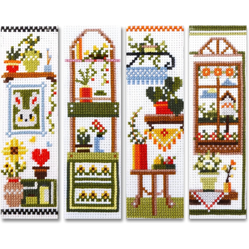 Caydo 4 PCS Cross Stitch Bookmark Kits, Stamped Cross Stitch Kit for Adults Kids Beginner, 14CT Embroidery Bookmark for Book Lovers,E-048P