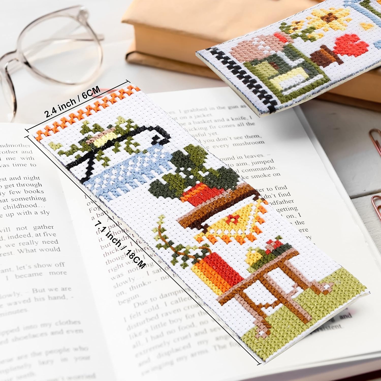 Caydo 4 PCS Cross Stitch Bookmark Kits, Stamped Cross Stitch Kit for Adults Kids Beginner, 14CT Embroidery Bookmark for Book Lovers,E-048P