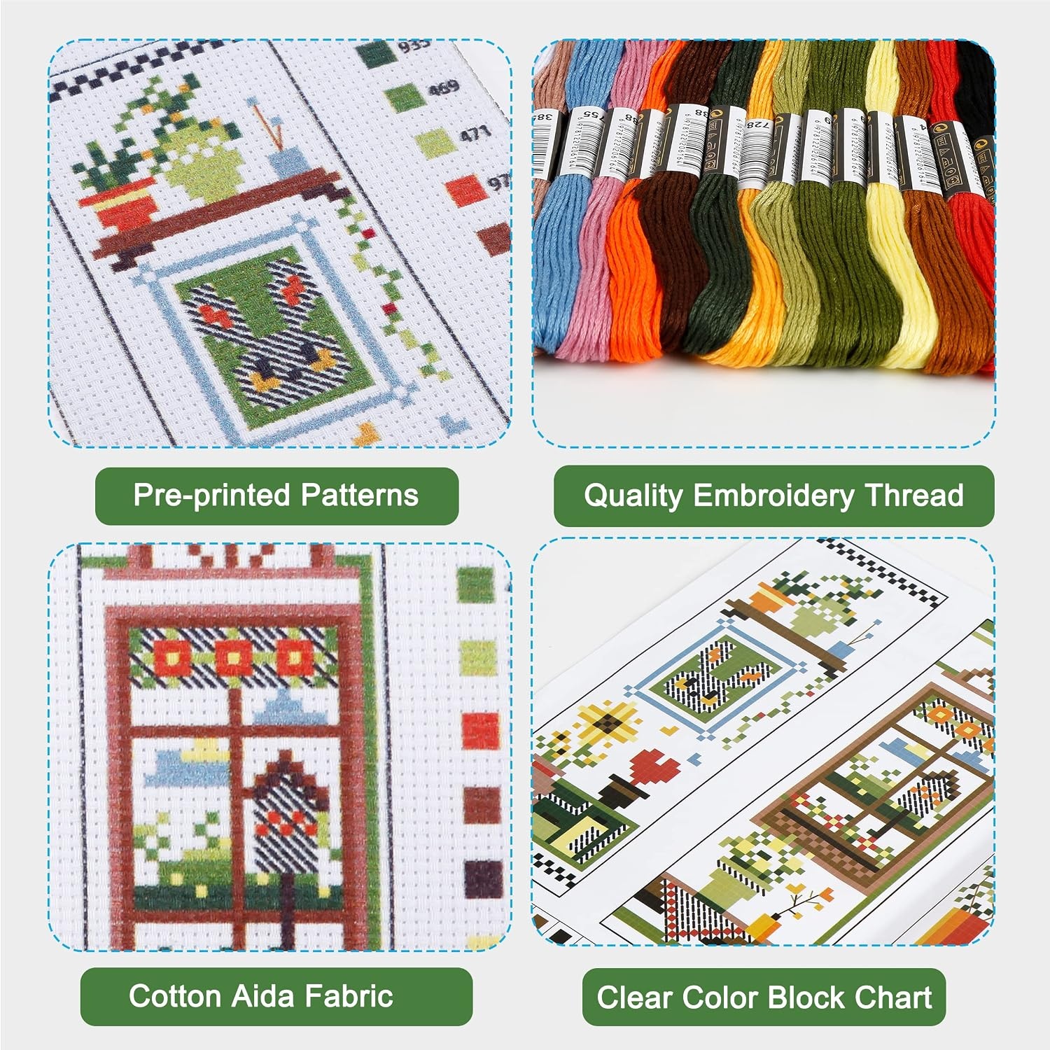 Caydo 4 PCS Cross Stitch Bookmark Kits, Stamped Cross Stitch Kit for Adults Kids Beginner, 14CT Embroidery Bookmark for Book Lovers,E-048P