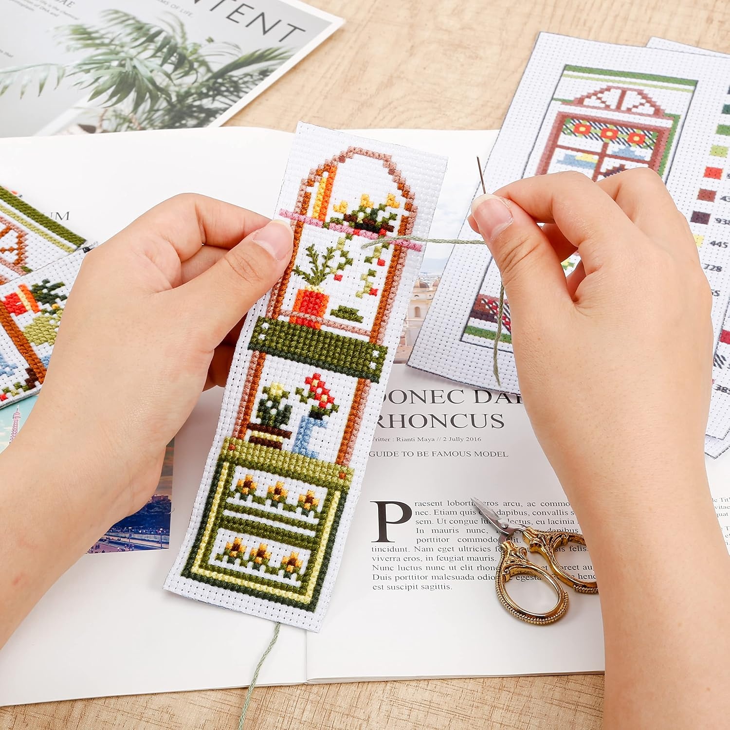 Caydo 4 PCS Cross Stitch Bookmark Kits, Stamped Cross Stitch Kit for Adults Kids Beginner, 14CT Embroidery Bookmark for Book Lovers,E-048P