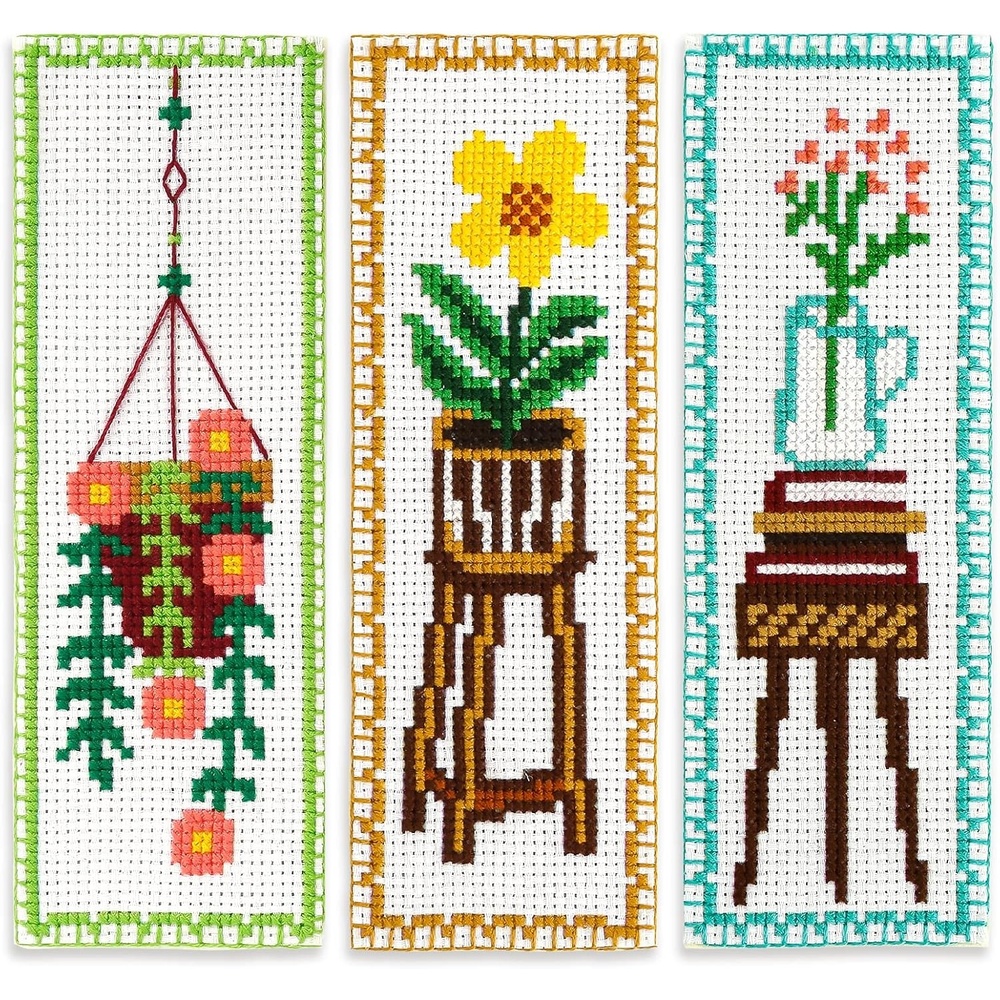 Caydo 3 Pieces Cross Stitch Bookmark Kits, 11CT Stamped Embroidery Bookmark with Backing Felt and Instructions Green Plants Cross Stitch Kits for Beginners, Adults, Book Lovers