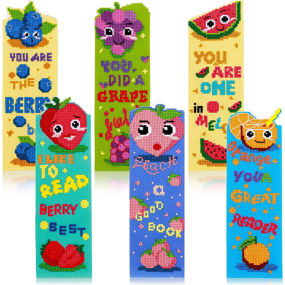 Caydo 6 Pieces Cross Stitch Bookmark Kits, 14 CT Fruit Theme Stamped Embroidery Bookmark with Backing Felt and Instructions for Beginners, Adults, Book Lovers
