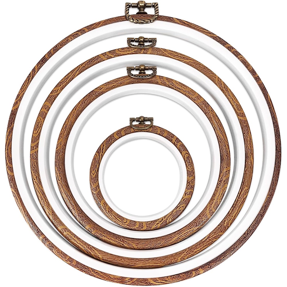Caydo 4 Pieces 4 Size Embroidery Hoops Set 4 inch to 8 inch, Round Imitated Wood Display Frame Plastic Cross Stitch Hoops for Art Craft Sewing, Home Hanging Ornaments