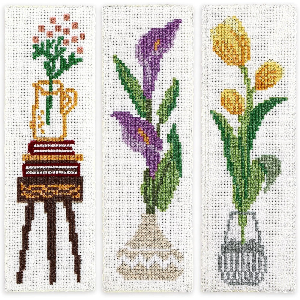 Caydo 3 Pieces Cross Stitch Bookmark Kits, Flowers Stamped Embroidery Bookmark with Backing Felt and Instructions Beginner Cross Stitch Kits for Adults, Book Lovers, 14 CT