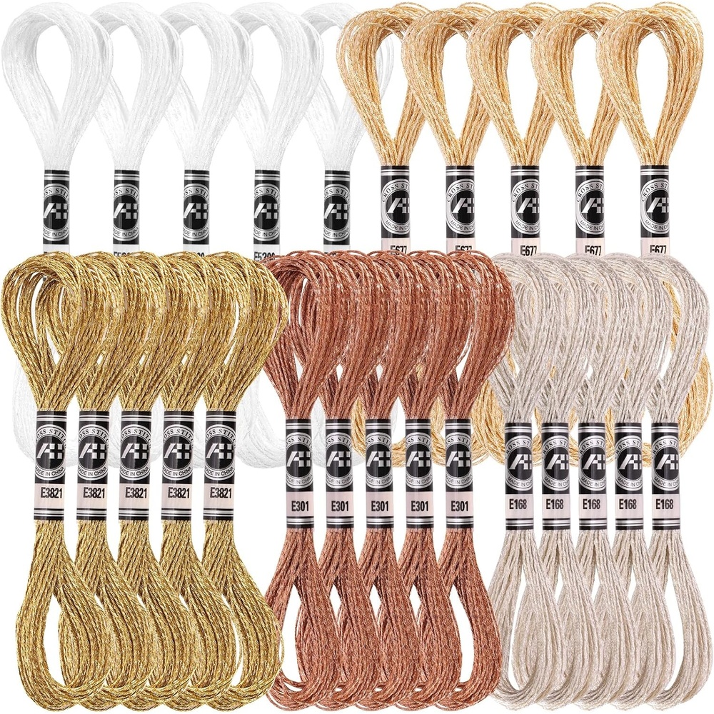 Caydo 25 Skeins 5 Colors Gold and Silver Metallic Embroidery Floss Glitter Threads Friendship Bracelets Thread for Needlework Craft (E-016F)