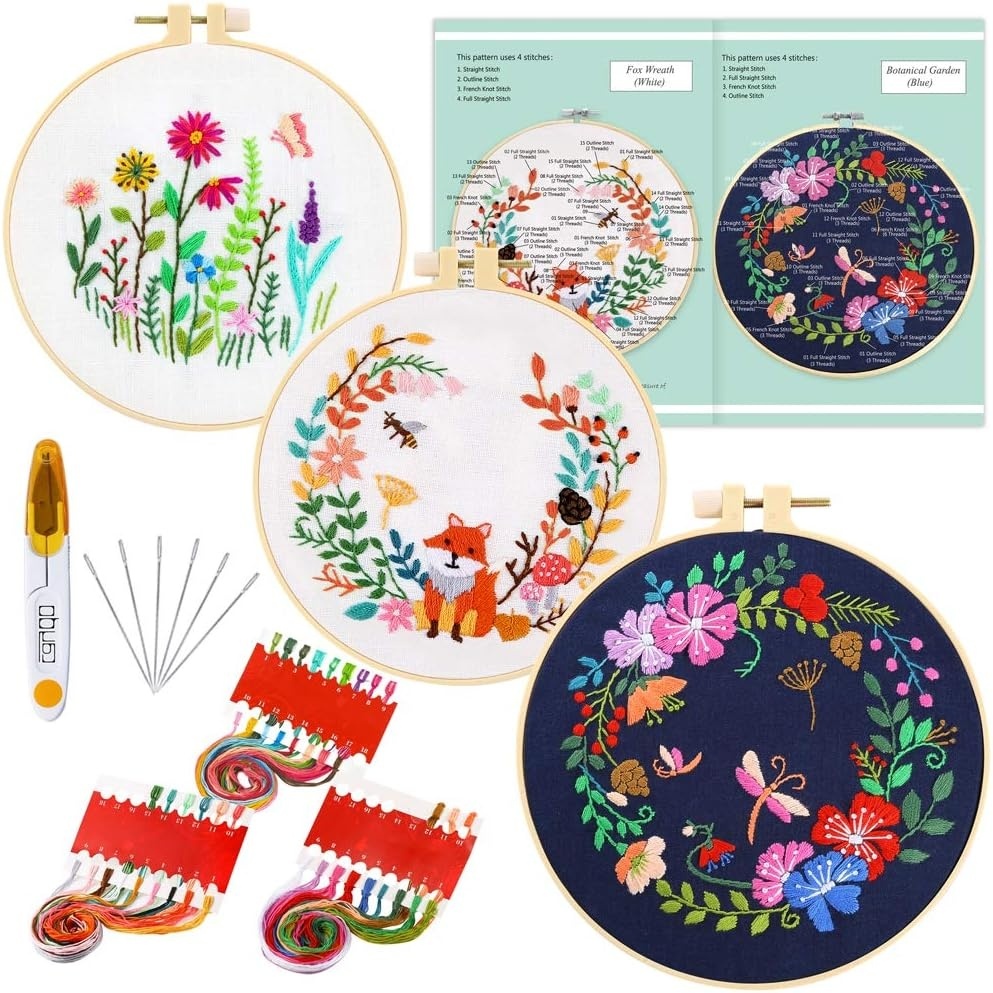 Caydo 3 Pack Embroidery Kit with Pattern, Cross Stitch Kits for Adults Beginner with 3 Plastic Embroidery Hoops, Embroidery Fabric, Color Threads, Instructions and Tools