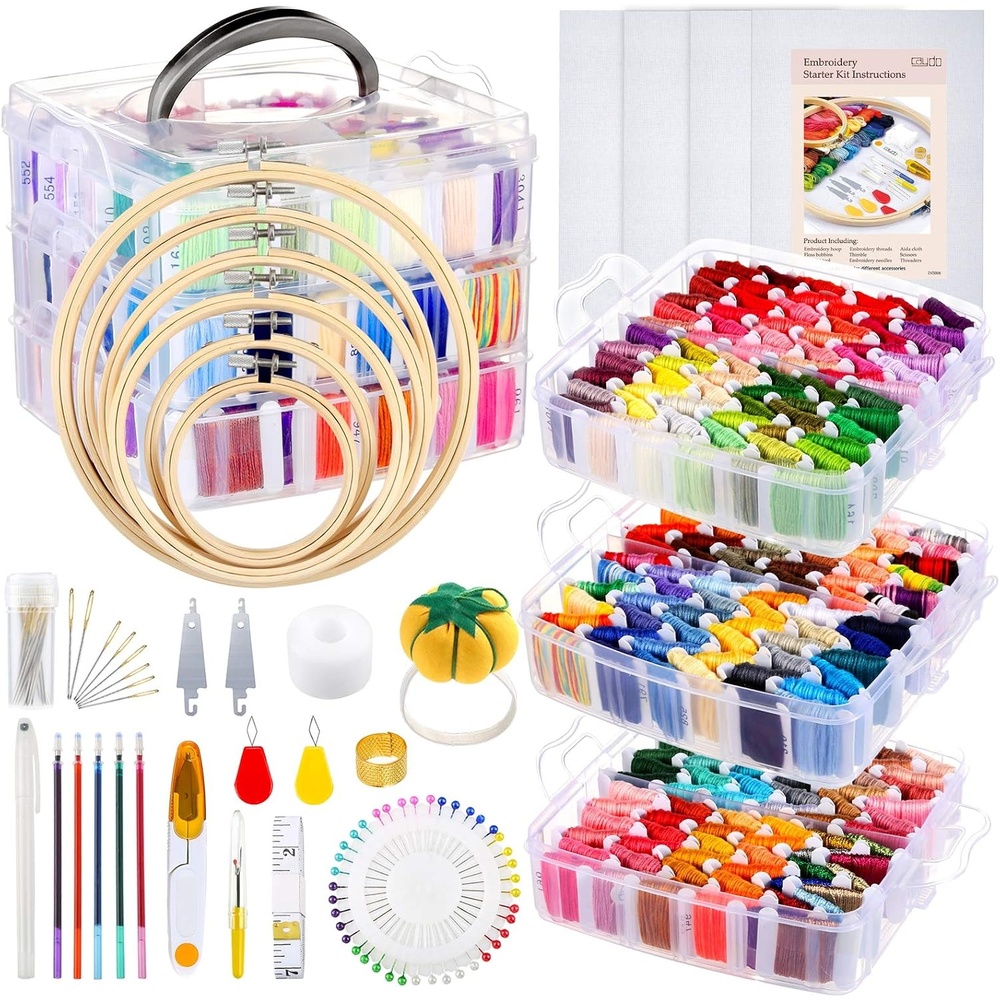 Caydo 313 PCS Box Embroidery Kit with Organizer, 216 Color Threads, 4 Aida Cloth, 6 Embroidery Hoops, Cross Stitch Tools and Instructions for Adults Beginners Christmas Gift