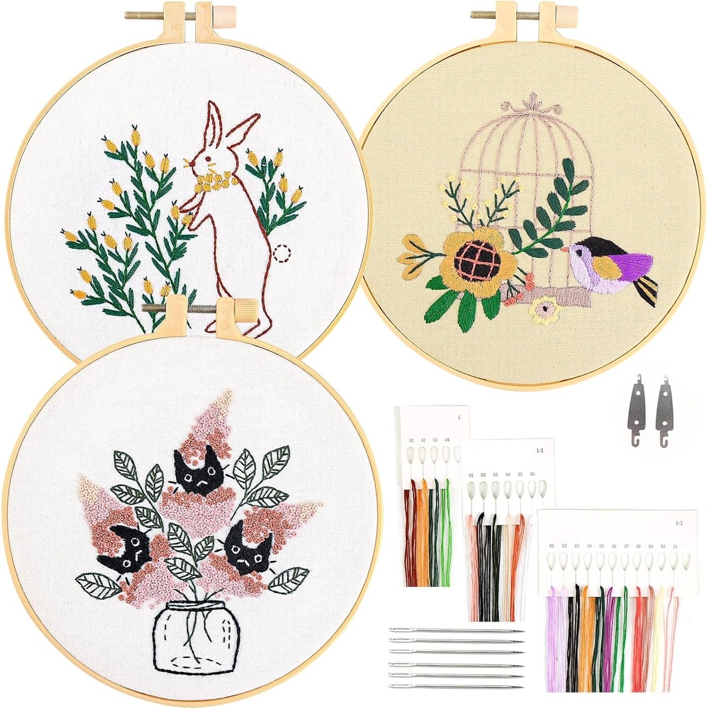 Caydo 3 Sets Embroidery Starter Kit with Animal Pattern, Stamped Beginner Embroidery Kit Include 3 Embroidery Cloth with Pattern, Hoop, Color Threads for Craft Stitch Embroidery Lover