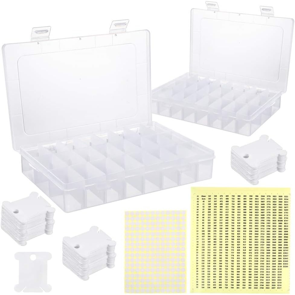 Caydo 2 Pieces Plastic Embroidery Floss Organizer, 24 Grids Cross Stitch Thread Box with 150 Hard Floss Bobbins 552 Floss Number Stickers and 165 Blank Stickers