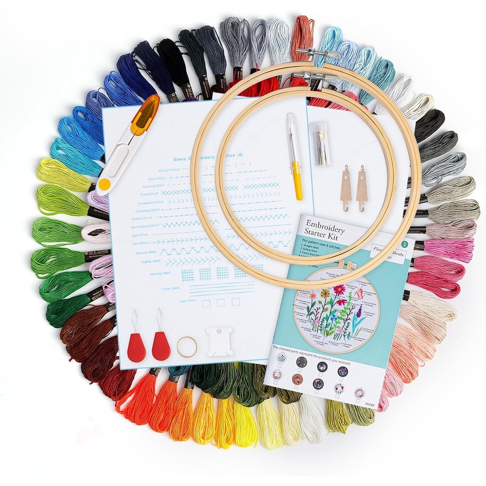 Caydo Embroidery Kit with Water Soluble Embroidery Stabilizer Including 2Pcs Embroidery Hoops, 100 Color Threads, Embroidery Fabric, and Cross Stitch Tool Embroidery Starter Kits for Adults Beginners