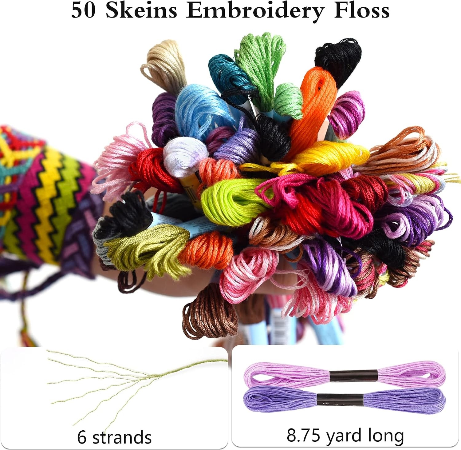 Caydo Embroidery Floss 50 Skeins Embroidery Thread, Rainbow Color Friendship Bracelet String with 12 Pieces Floss Bobbins for Bracelet Making, Sewing Crafts
