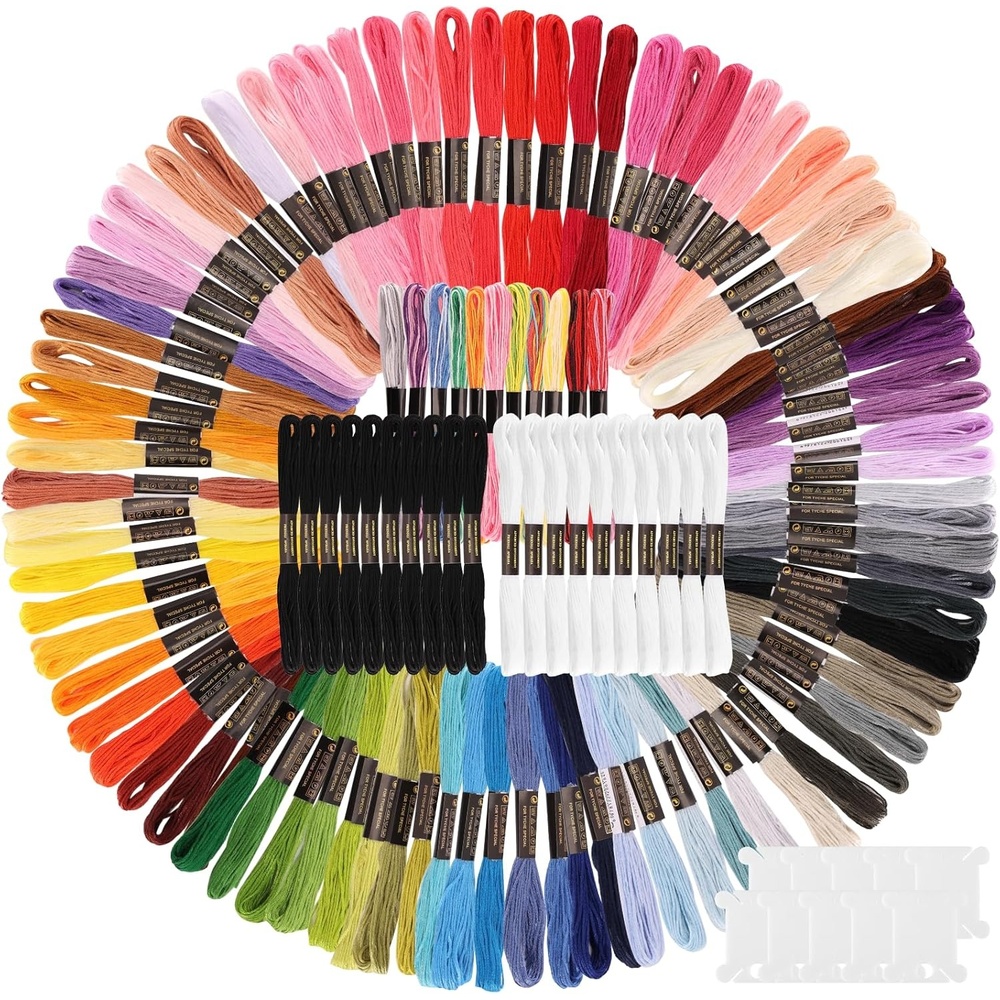 Caydo 100 Colors Embroidery Floss and 12 Skeins Variegated & 10 Skeins White & 10 Skeins Black Color and 10 PCS Floss Bobbins for Friendship Bracelet Strings Kits, Cross Stitch Sewing Crafts
