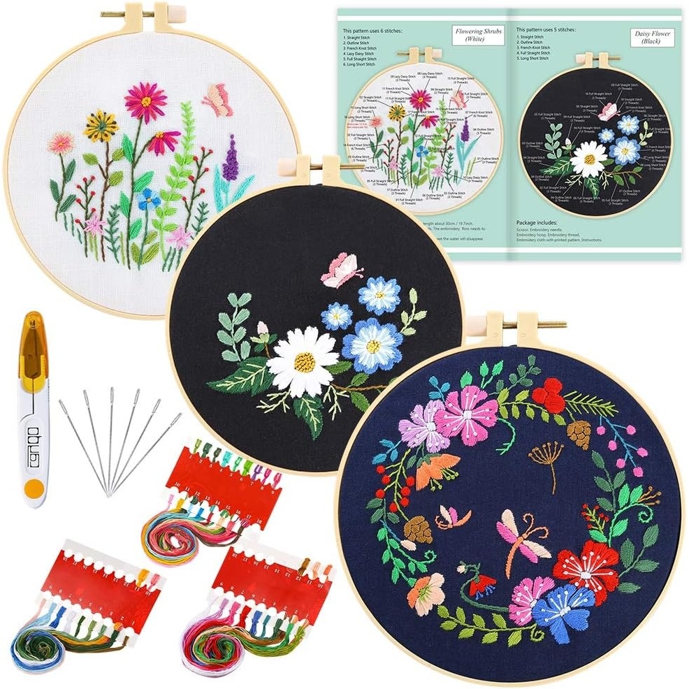 Caydo 3 Sets Cross Stitch Kits forBeginners, Adults Including Embroidery Fabric with Floral Pattern, Embroidery Hoop, Thread and Tools