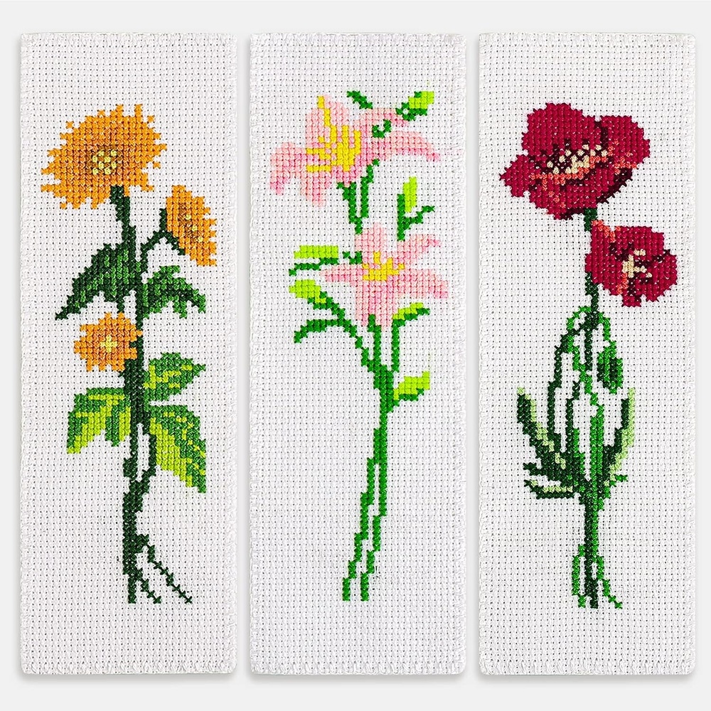 Caydo 3 Pieces Cross Stitch Bookmarks, Cross Stitch Bookmarks, DIY Stamped Embroidery Bookmark Kit for Beginner Flower Patterns 14 Count Crossstitch Projects for Book Lovers