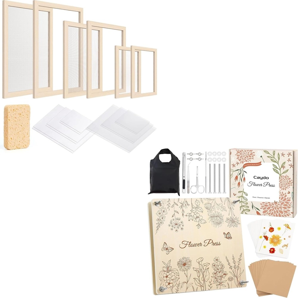 Caydo 3 Pieces Paper Making Frame Kit, Papermaking Mould and Deckle with MeshA4 A5 A6 (5 x 7 Inches, 7.5 x 9.8 Inches, 9.8 x 13 Inches) & Wooden Flower Press Kit 11″x11″ 10 Layers for Adults