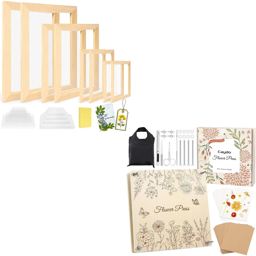 Caydo 4 Pieces Paper Making Frame Kit (9.8″ x 13″,7.5″ x 9.8″,5″ x 7″, 4.5″ x 5.7″) & Wooden Flower Press Kit 11″x11″ 10 Layers for Adults