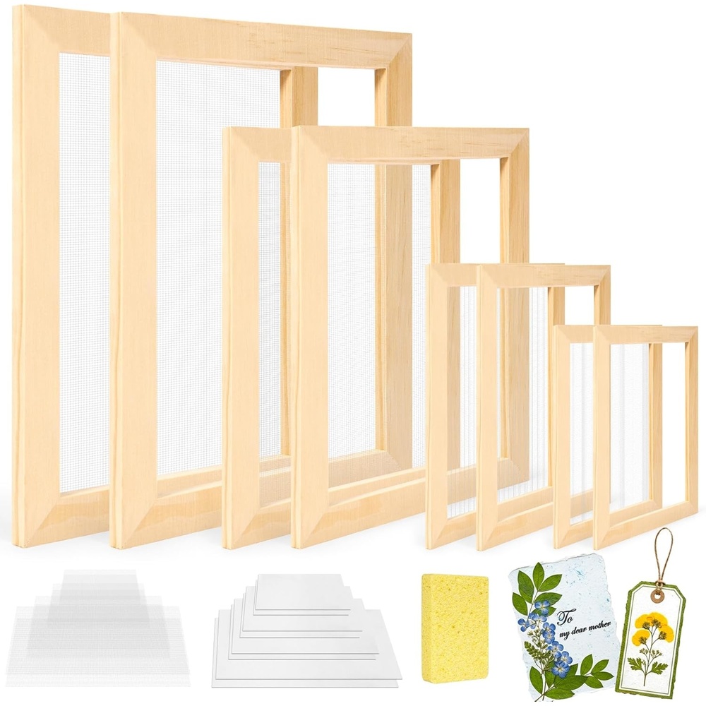 Caydo 3 Pieces Paper Making Frame Kit, Papermaking Mould and Deckle with Mesh, Absorbent Paper and Sponge for Adults Supplies(5 x 7 Inches, 7.5 x 9.8 Inches, 9.8 x 13 Inches)(A4 A5 A6 A7)