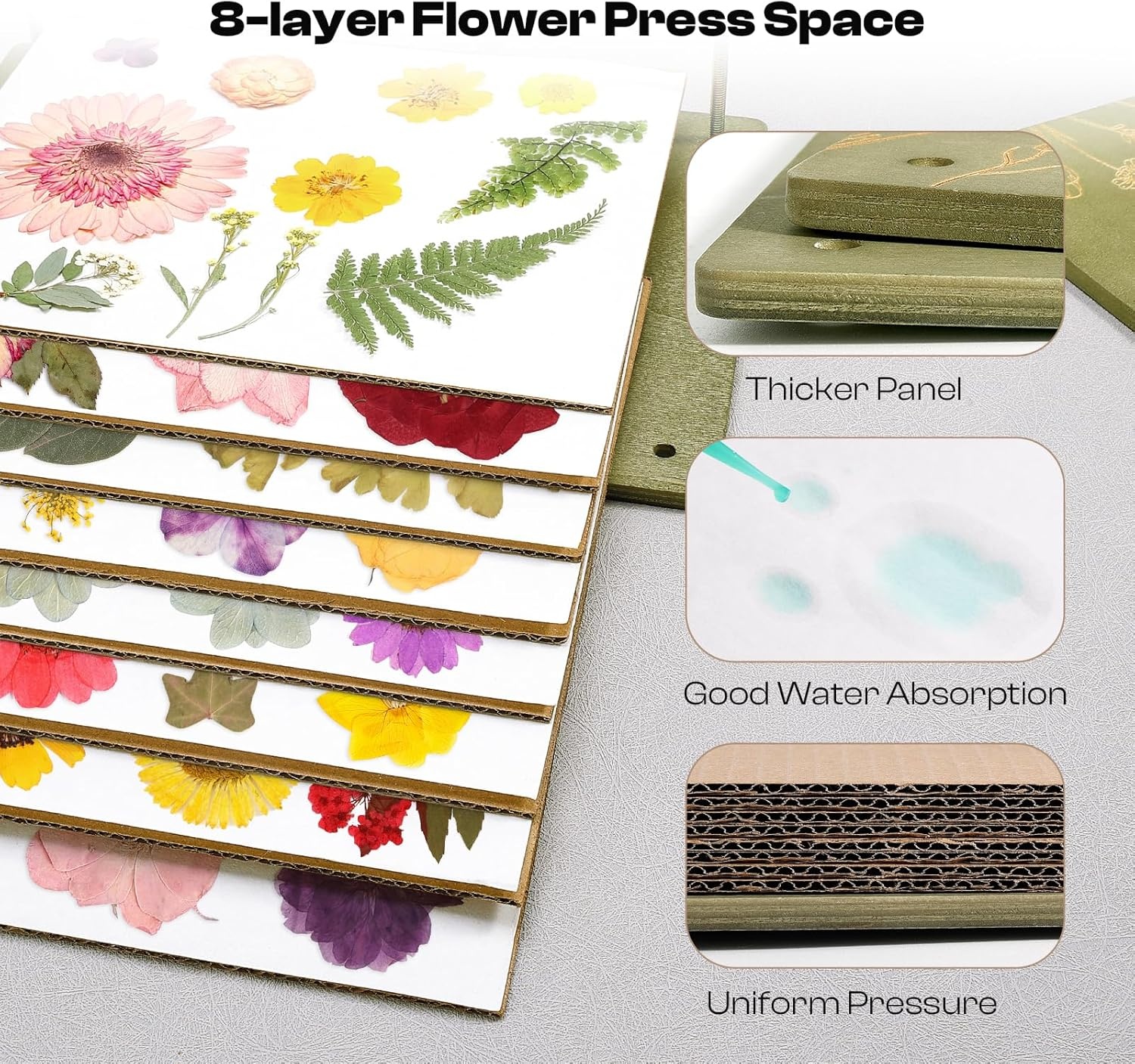 Caydo Flower Press Kit, 12 x 8.5 inches Flowers Pressing Kit & Wooden Flower Press 11″x11″ 10 Layers for Adults