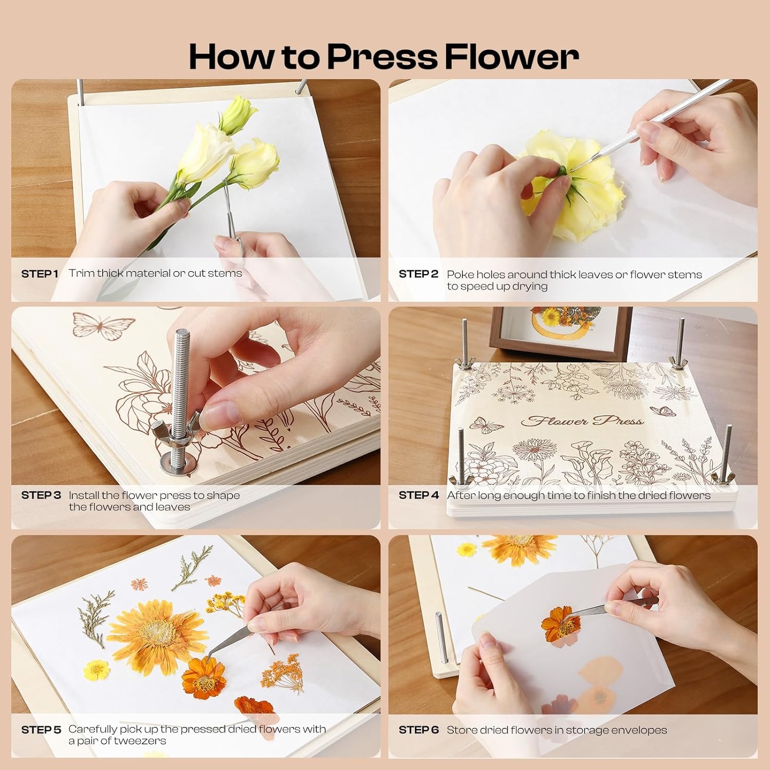 Caydo Flower Press Kit, 12 x 8.5 inches Flowers Pressing Kit & Wooden Flower Press 11″x11″ 10 Layers for Adults