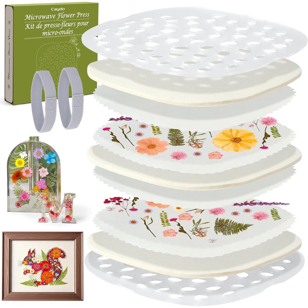 Caydo 9″ x 9″ Microwave Flower Press Kit for Adults | DIY Bookmark Pressed Flower Frame Preserves Bouquet & Plants, Leaves, Herbs for Handmade Crafts, Gift for Craft Lovers