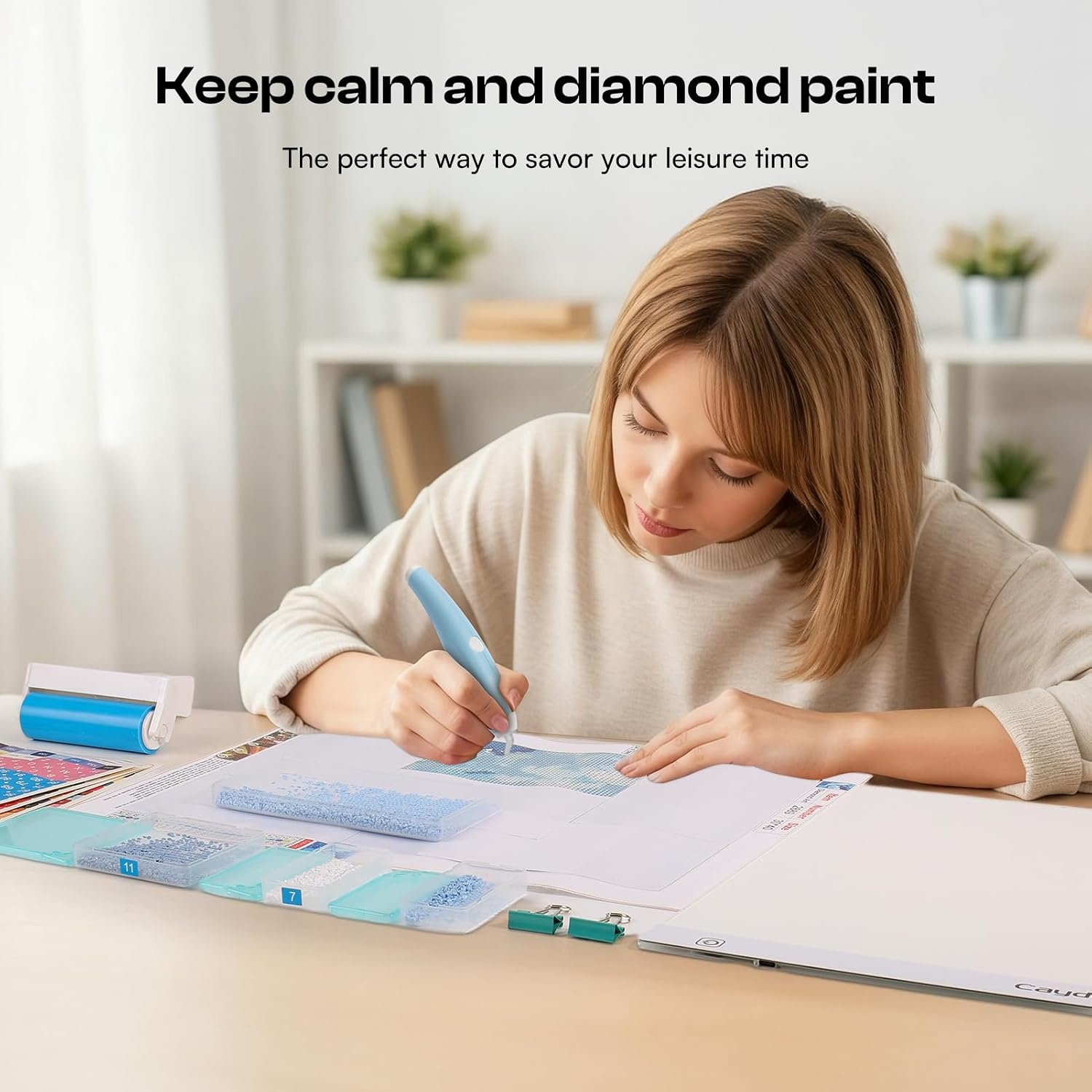 Caydo 36Pcs Diamond Art Storage Trays with Lids, Large and Small Size Diamond Art Painting Containers, 2-in-1 Bead Storage and Line-Up Accessories for Diamond Art Painting, Box Package(A4 Light Pad Kit)