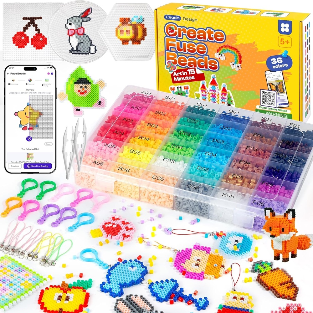 Caydo Fuse Beads Kit with Fuse Bead Pen, Design App & 200+ Patterns for Beginners, 10500PCS 36 Colors 5mm for Girl Holiday Home DIY Decor Creative Projects(Fuse Beads Kit)