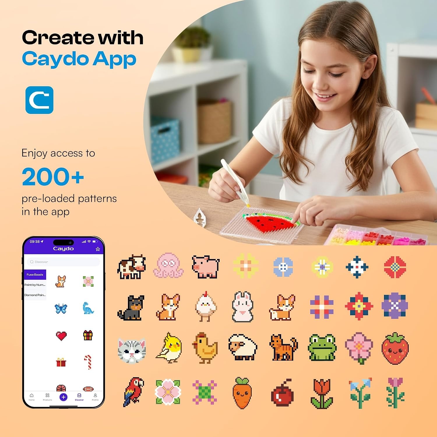 Caydo Fuse Beads Kit with Fuse Bead Pen, Design App & 200+ Patterns for Beginners, 10500PCS 36 Colors 5mm for Girl Holiday Home DIY Decor Creative Projects(Fuse Beads Kit)