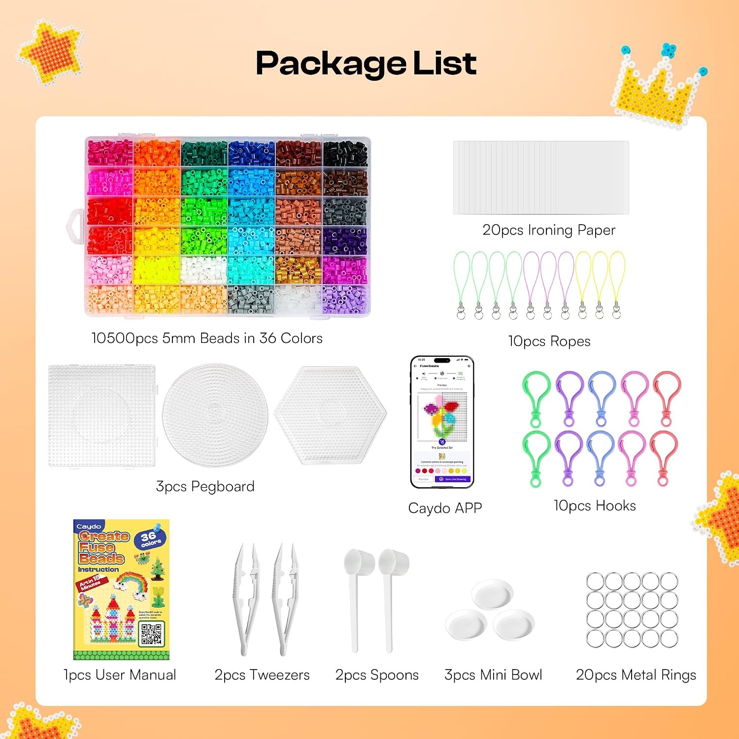 Caydo Fuse Beads Kit with Fuse Bead Pen, Design App & 200+ Patterns for Beginners, 10500PCS 36 Colors 5mm for Girl Holiday Home DIY Decor Creative Projects(Fuse Beads Kit)