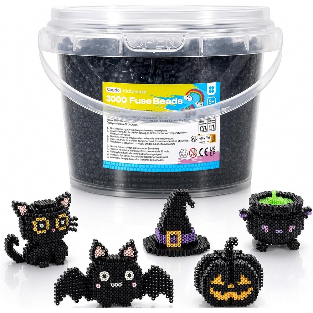 Caydo 3000PCS 5mm Black Fuse Beads, Bucket Packed Iron Beads Safe Material Kit, Art Creative Crafts for Kids DlY Pixel Parent-Child Interaction Art & School Project Holiday Gifts(Black)