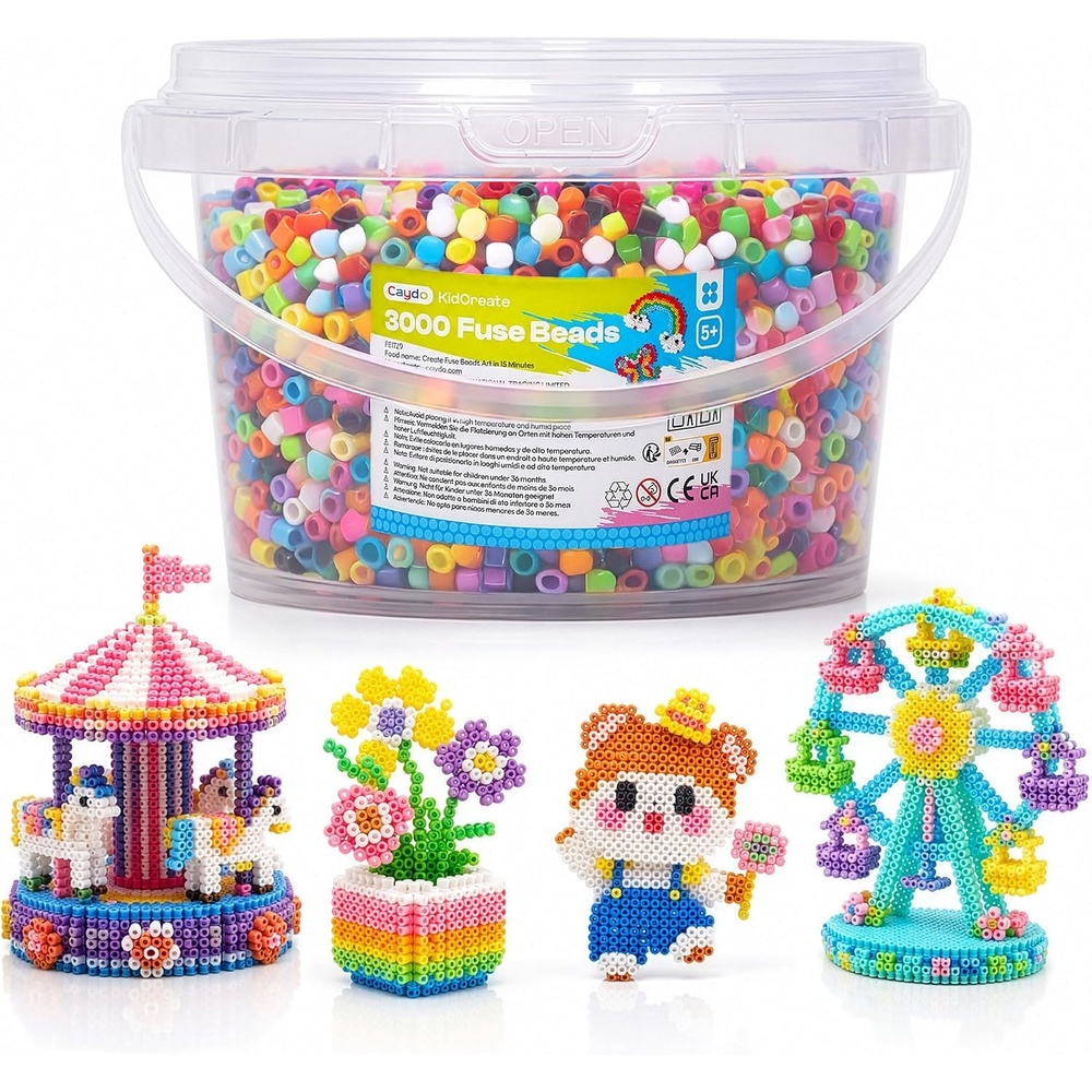Caydo 3000PCS 5mm Black Fuse Beads, Bucket Packed Iron Beads Safe Material Kit, Art Creative Crafts for Kids DlY Pixel Parent-Child Interaction Art & School Project Holiday Gifts(Multicolored)