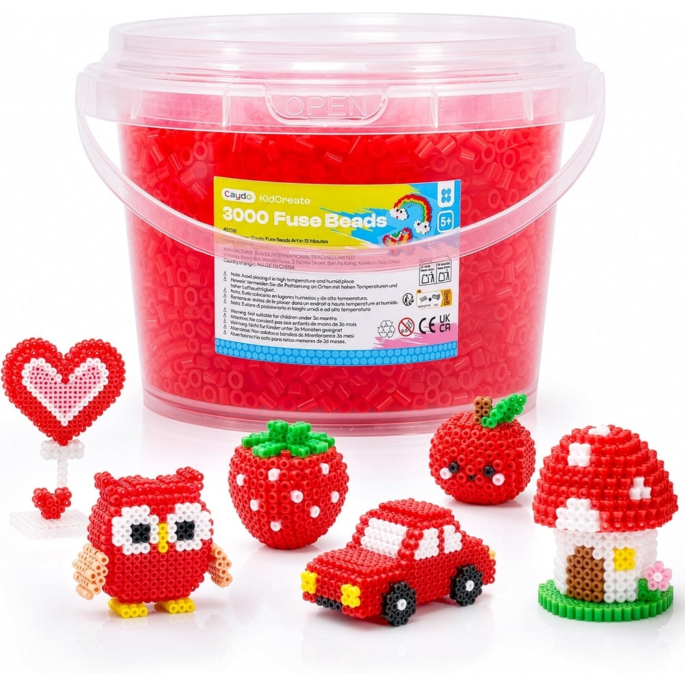 Caydo 3000PCS 5mm Black Fuse Beads, Bucket Packed Iron Beads Safe Material Kit, Art Creative Crafts for Kids DlY Pixel Parent-Child Interaction Art & School Project Holiday Gifts(Red)