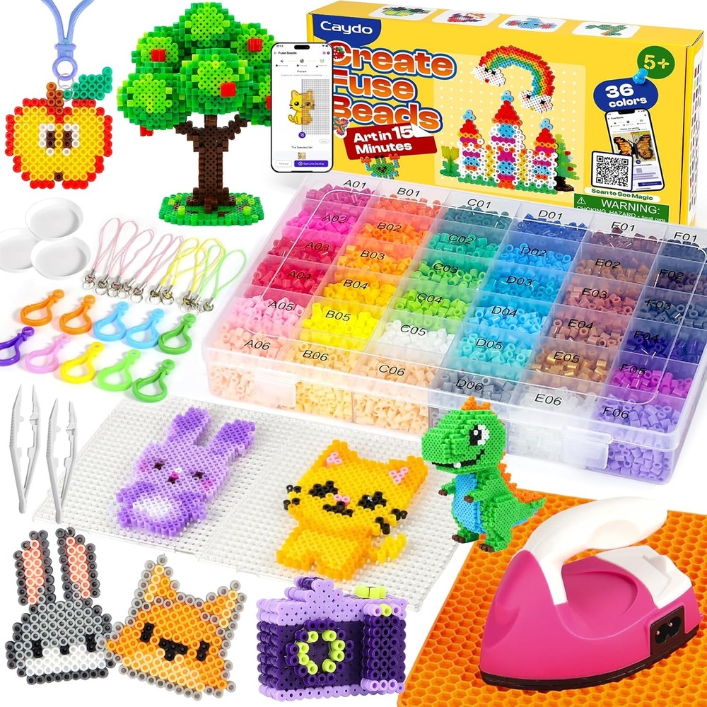 Caydo Fuse Beads Kit with Fuse Bead Pen, Design App & 200+ Patterns for Beginners, 10500PCS 36 Colors 5mm for Girl Holiday Home DIY Decor Creative Projects(Fuse Beads Kit with Iron)