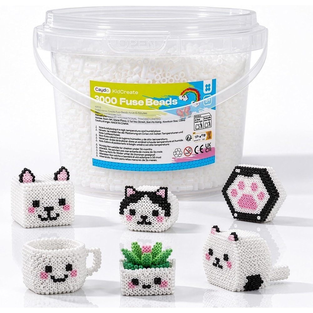 Caydo 3000PCS 5mm Black Fuse Beads, Bucket Packed Iron Beads Safe Material Kit, Art Creative Crafts for Kids DlY Pixel Parent-Child Interaction Art & School Project Holiday Gifts(White)