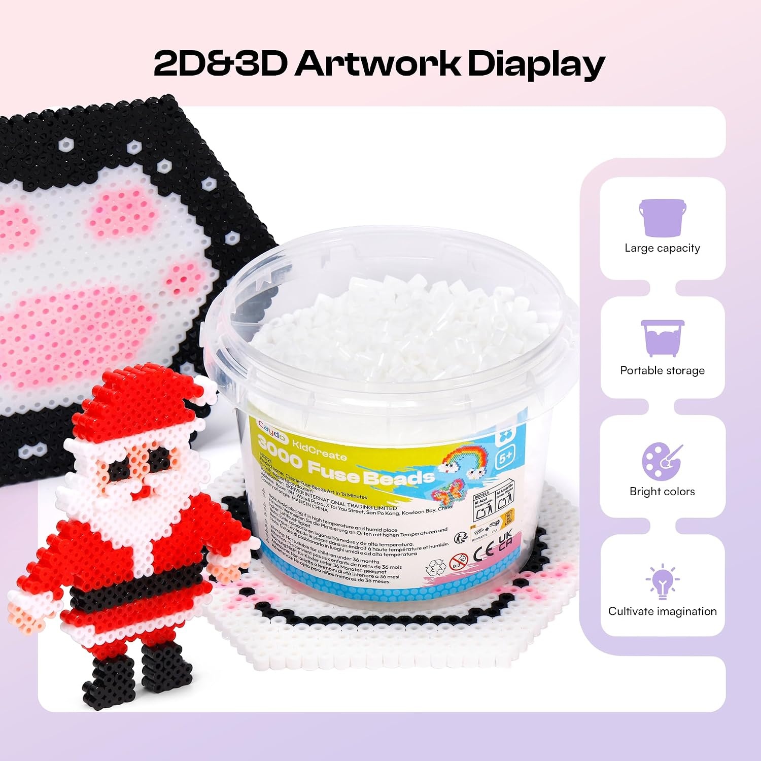 Caydo 3000PCS 5mm Black Fuse Beads, Bucket Packed Iron Beads Safe Material Kit, Art Creative Crafts for Kids DlY Pixel Parent-Child Interaction Art & School Project Holiday Gifts(White)