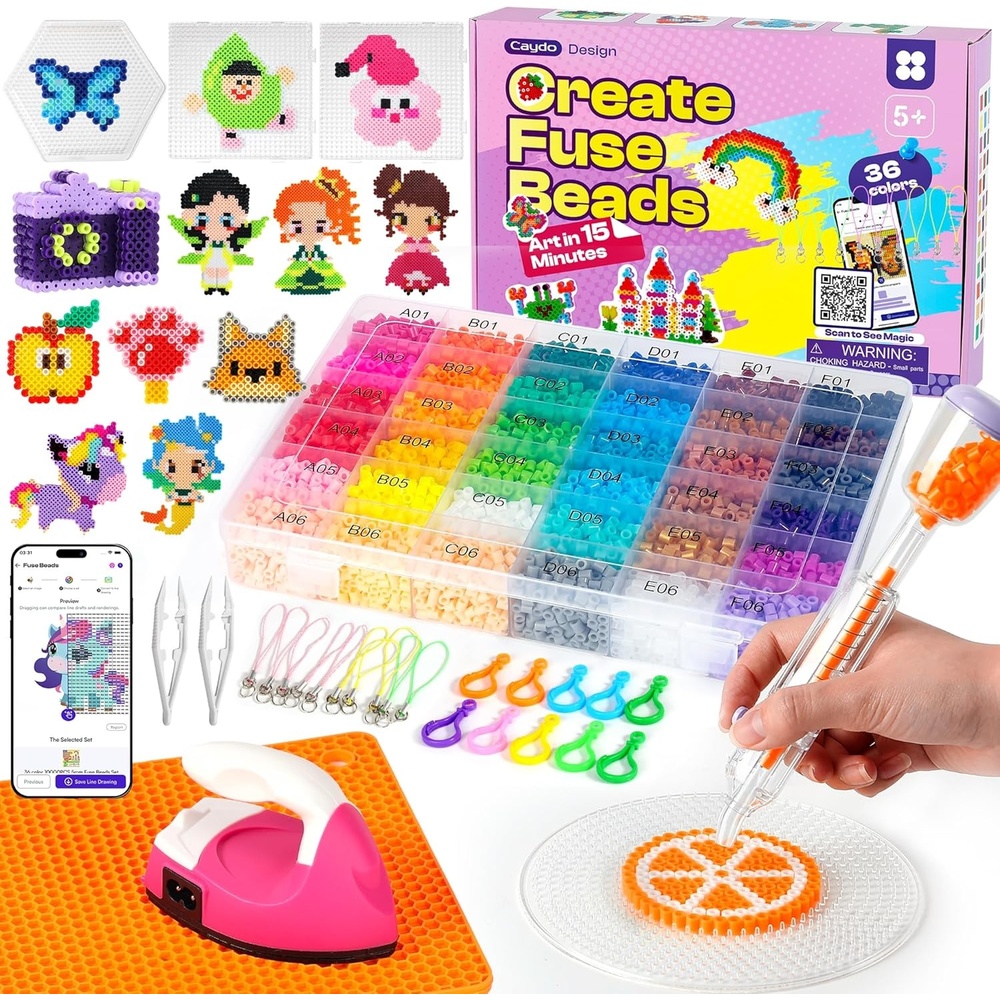Caydo Fuse Beads Kit with Fuse Bead Pen, Design App & 200+ Patterns for Beginners, 10500PCS 36 Colors 5mm for Girl Holiday Home DIY Decor Creative Projects(Fuse Beads Kit with Pen & Iron)