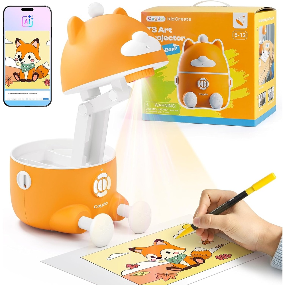 Caydo 2026 New AI Drawing Projector for Kids, SGS Certified Eye Protection, T3 Kids Art Projector from Basics Tracing to Step-by-Step Drawing and AI Creative Studio, Birthday Gift for Kids Ages 5-12(T3 Drawing Projector)