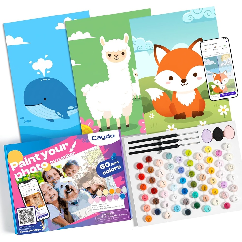 Caydo Custom Paint by Numbers Kit for Adults, Turn Your Photo into A4 Paint Templates in 5 Minutes via App with 60-Color Acrylic Set and 3 Blank Canvases for Gift(with Frame)(11.7″x16.5″)