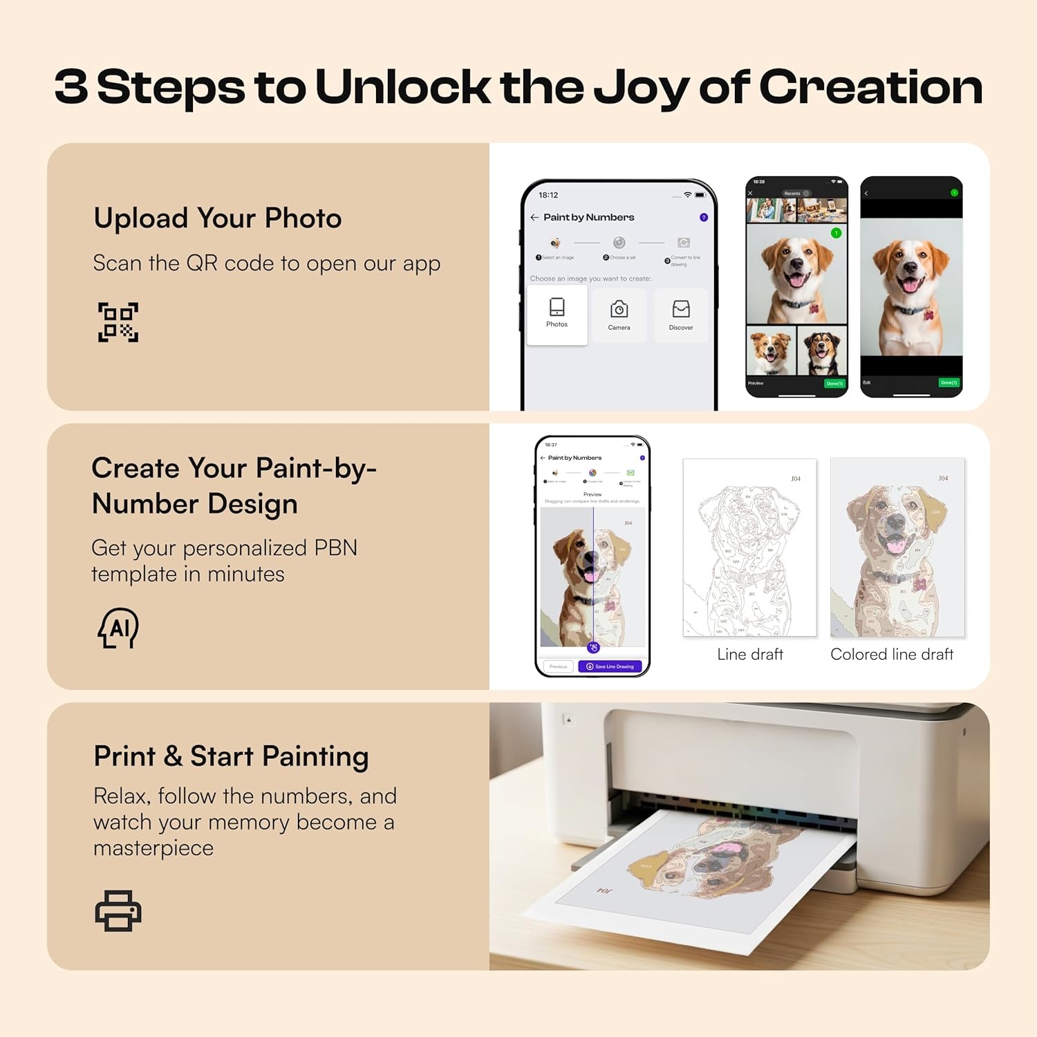 Caydo Custom Paint by Numbers Kit for Adults, Turn Your Photo into A4 Paint Templates in 5 Minutes via App with 60-Color Acrylic Set and 3 Blank Canvases for Gift(with Frame)(11.7″x16.5″)