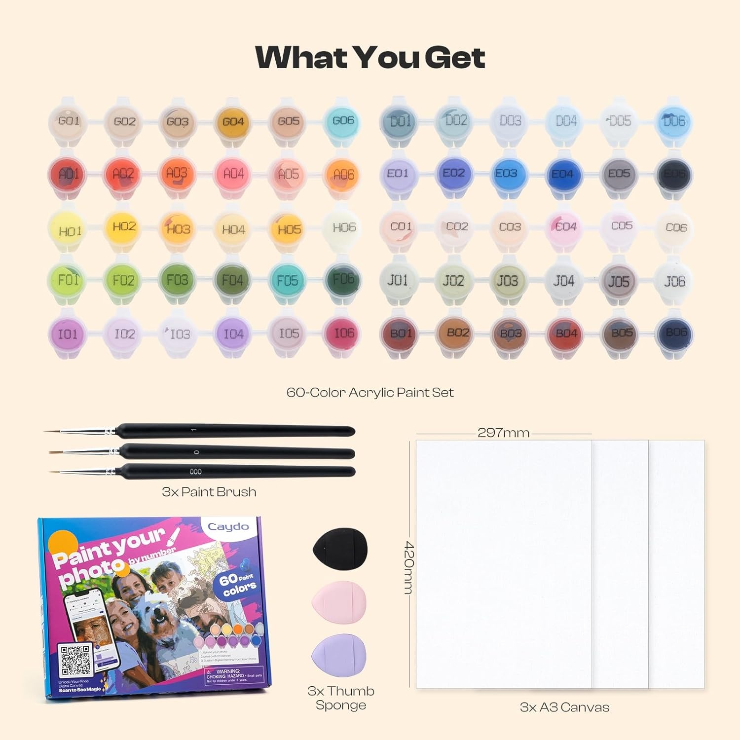 Caydo Custom Paint by Numbers Kit for Adults, Turn Your Photo into A4 Paint Templates in 5 Minutes via App with 60-Color Acrylic Set and 3 Blank Canvases for Gift(with Frame)(11.7″x16.5″)
