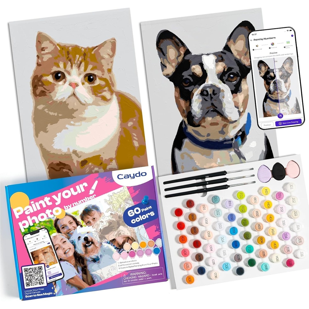 Caydo Custom Paint by Numbers Kit for Adults, Turn Your Photo into A4 Paint Templates in 5 Minutes via App with 60-Color Acrylic Set and 3 Blank Canvases for Gift(with Frame)(8.3″x11.7″)