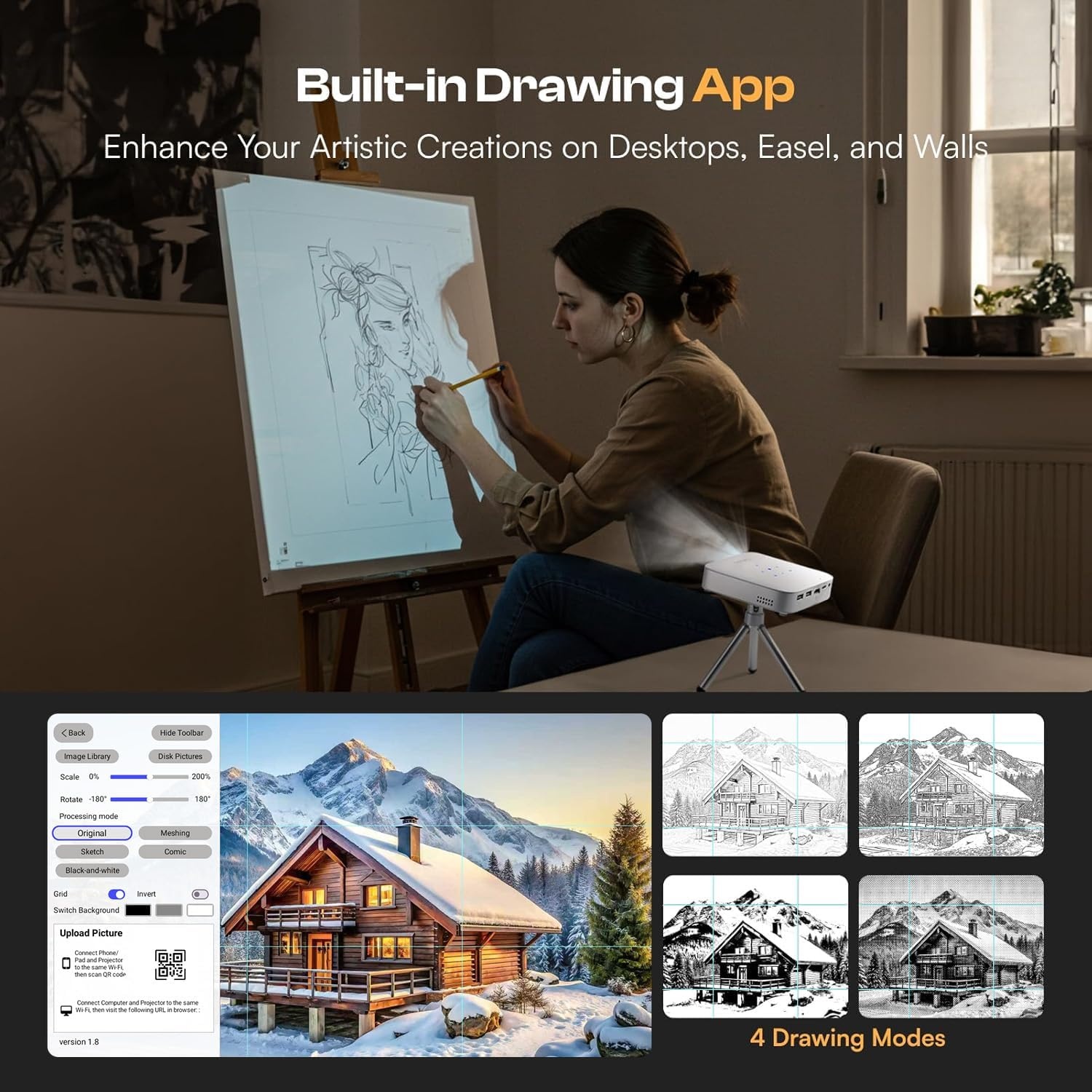 Caydo M1C Art Projector, Rechargeable DLP Drawing Projector with Exclusive Art Drawing App, Portable Tracing Projector for Canvas, Pico Cookie Projector for Decorating, 4K Support, 100’’ Display(White)