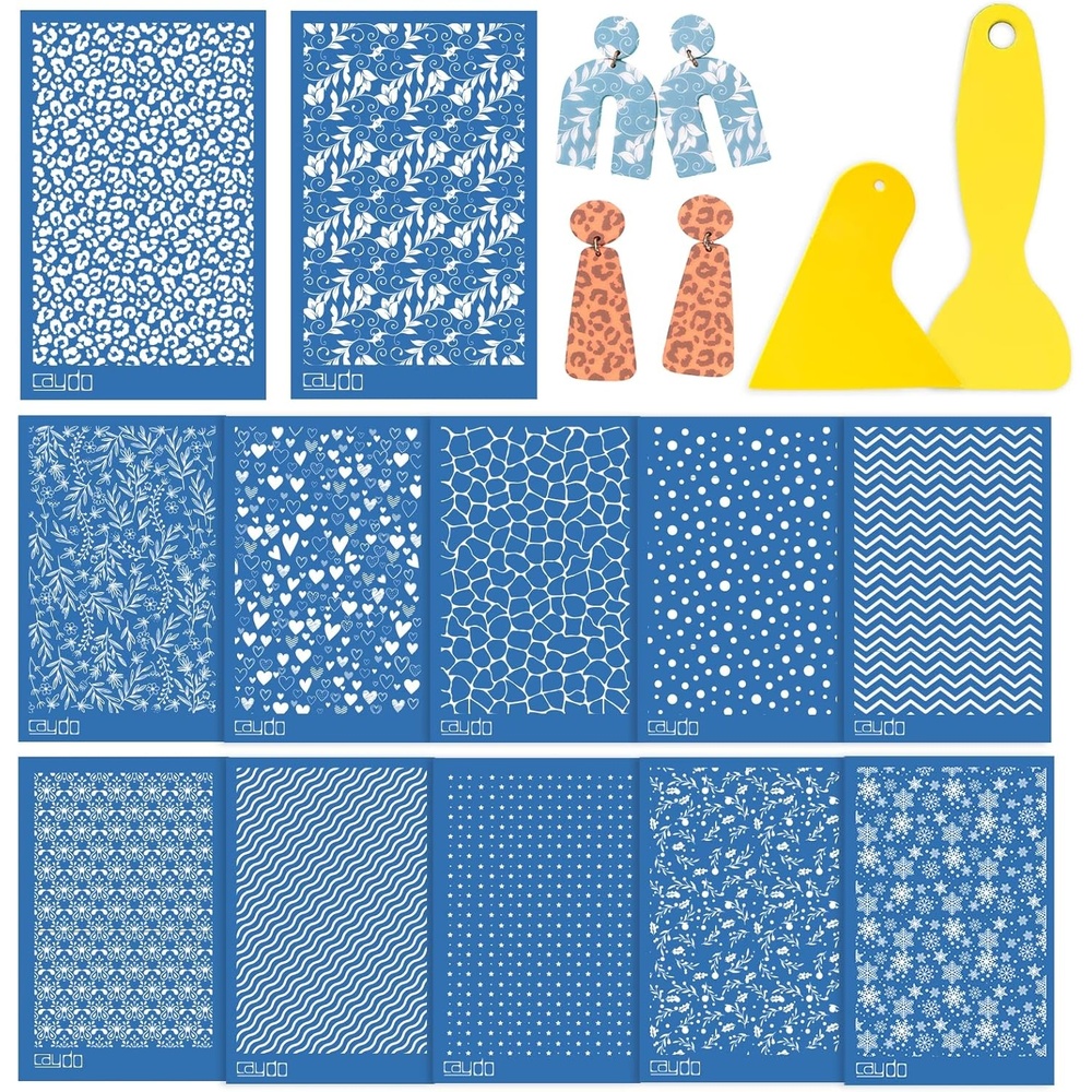 Caydo Silk Screen Stencils for Polymer Clay, 12 PCS Reusable Silkscreen Print with 2 Squeegee, Working with Clay Earrings Cutters for Printing on Clay Earrings Decoration(6 x 3.8 inch)